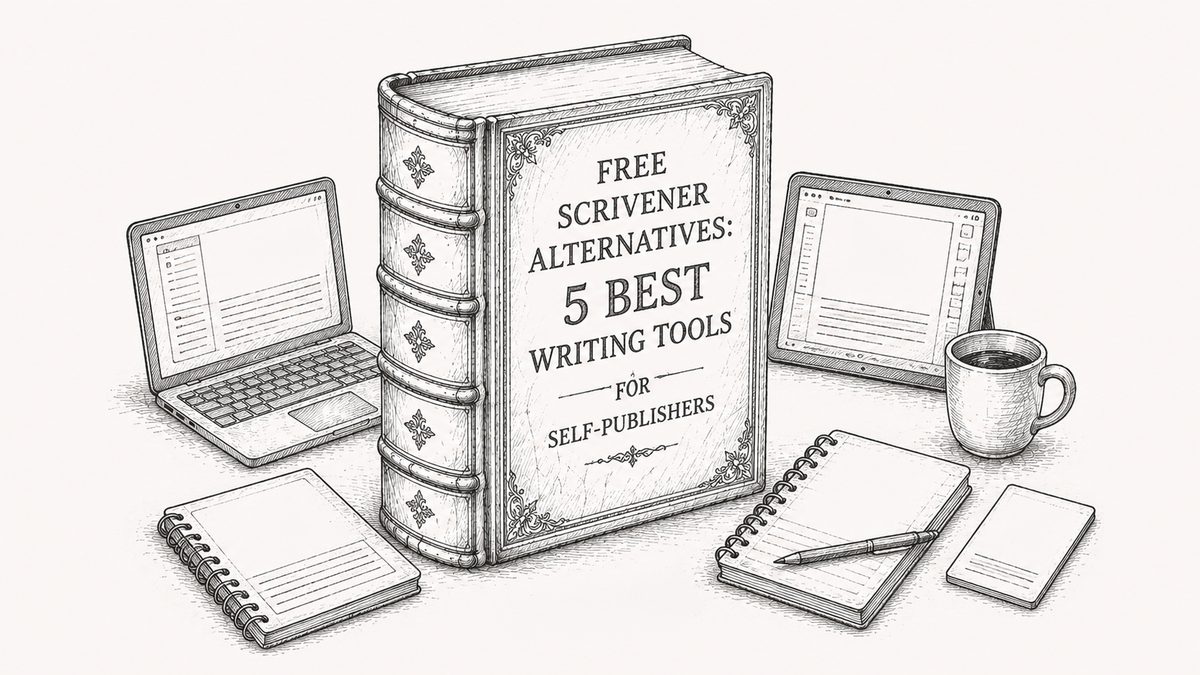 Ink illustration representing five Scrivener alternatives for self-publishing authors.