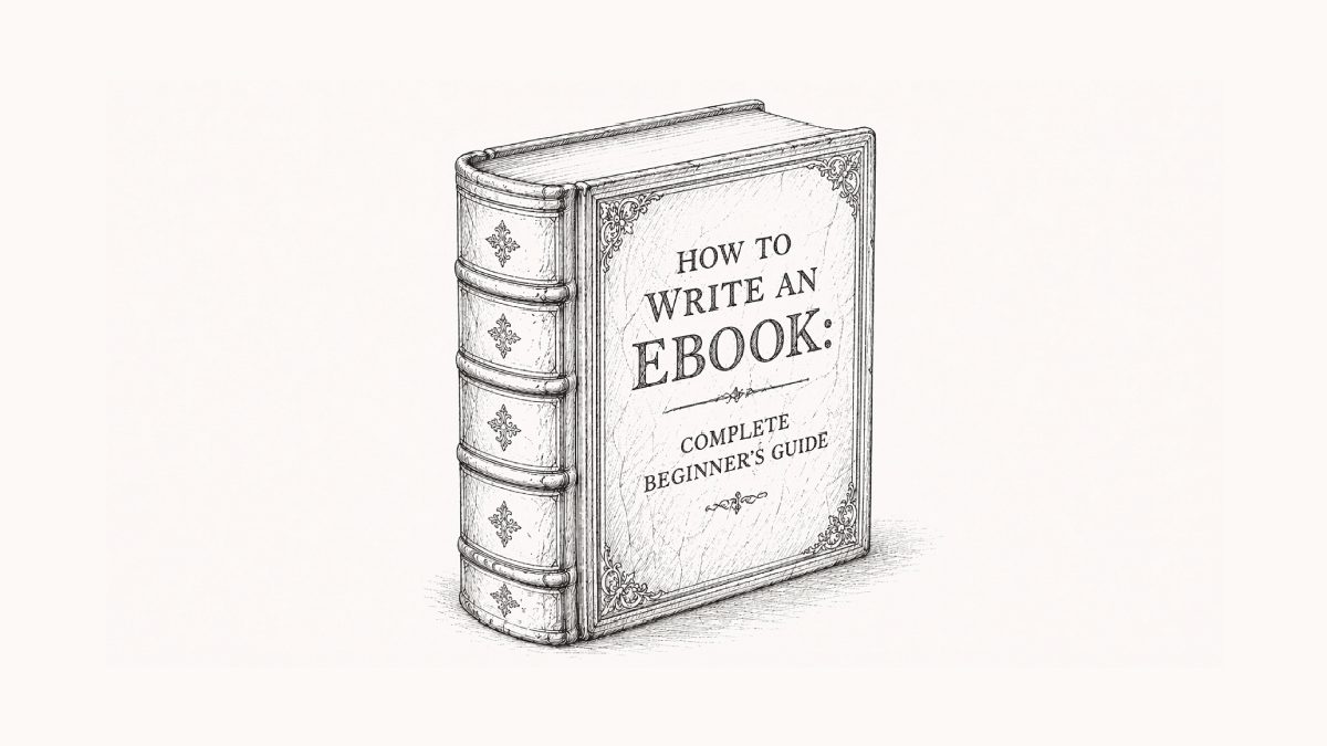 Ink illustration of an ornate hardcover book with the title How to Write an Ebook: Complete Beginner's Guide on the front.