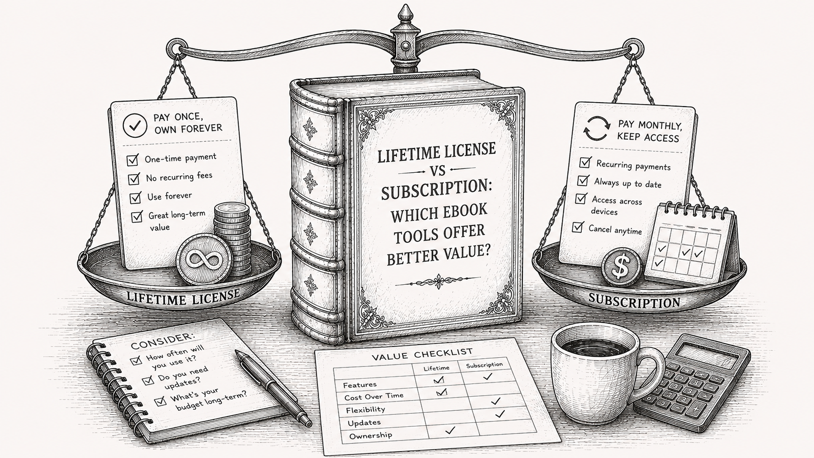 Ink drawing of a wax seal being pressed onto a document with a small torn calendar page curling at the corner.